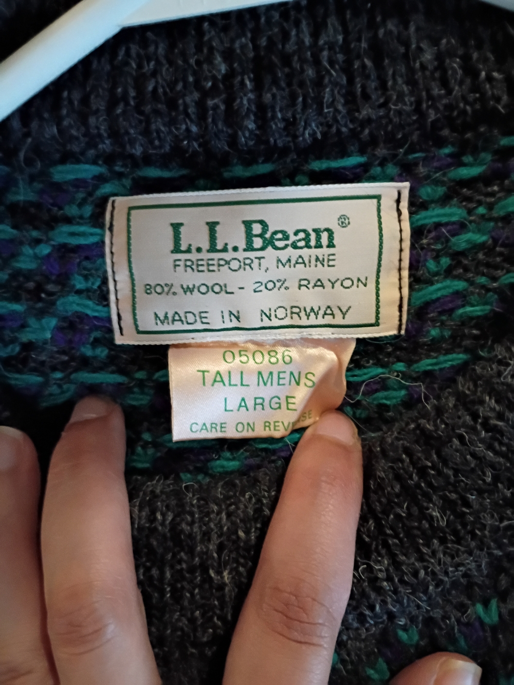 L.L. Bean Men's Teal and Black Patterned Crewneck Sweater - Picture 2 of 2